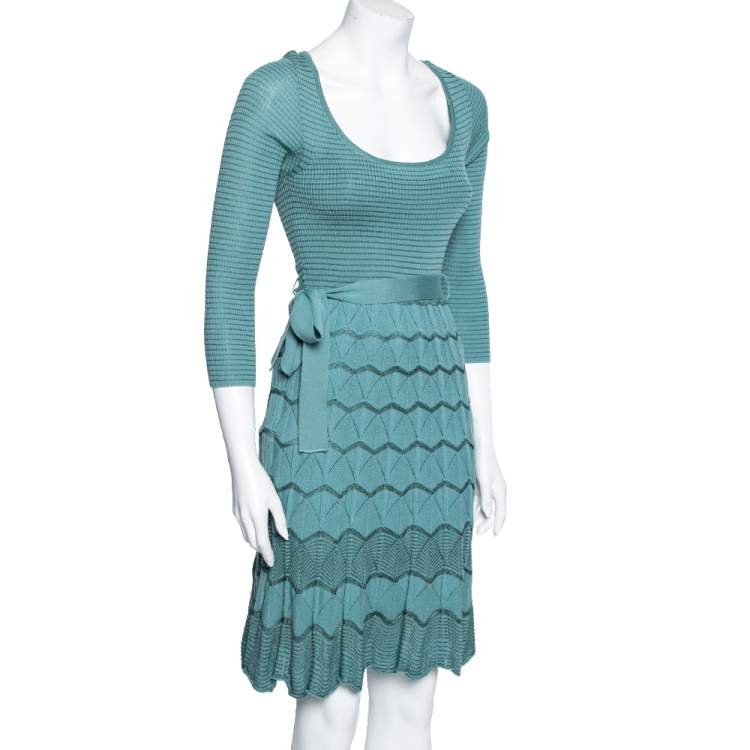 Pre Owned M Missoni Blue Patterned Knit Long Sleeve Belted Dress M 