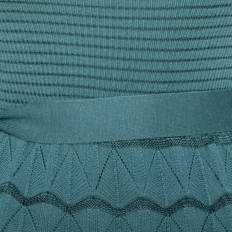 Pre Owned M Missoni Blue Patterned Knit Long Sleeve Belted Dress M 