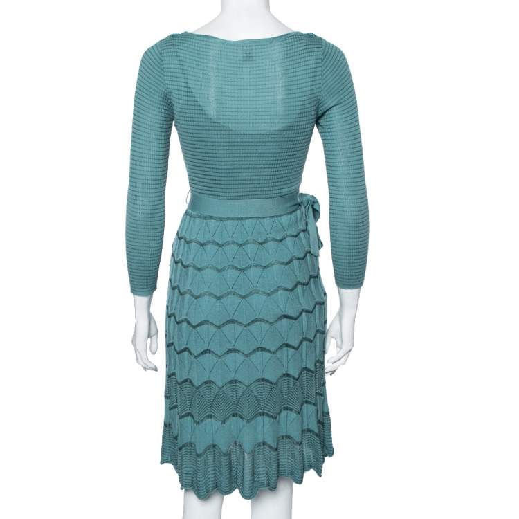 Pre Owned M Missoni Blue Patterned Knit Long Sleeve Belted Dress M 