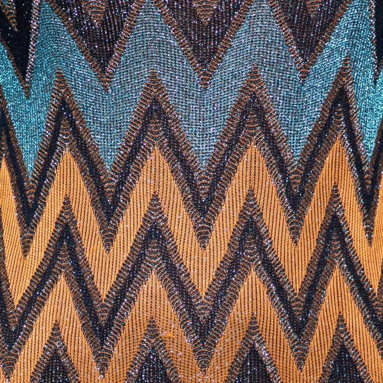 Pre Owned M Missoni Blue & Orange Chevron Patterned Lurex Knit Maxi Dress M