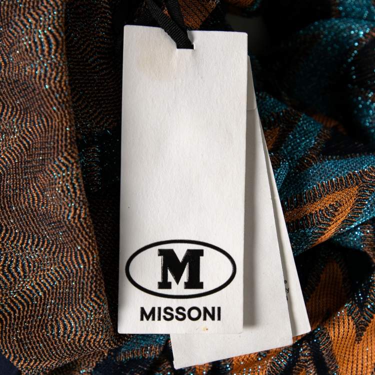 Pre Owned M Missoni Blue & Orange Chevron Patterned Lurex Knit Maxi Dress M