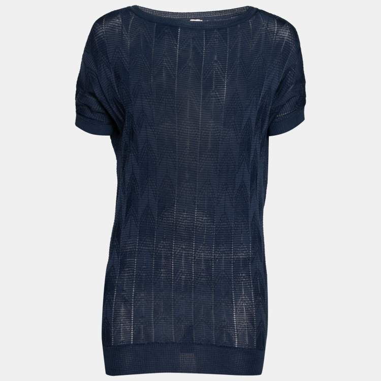 Pre Owned M Missoni Blue Textured Knit Cap Sleeve Crew Neck Top M