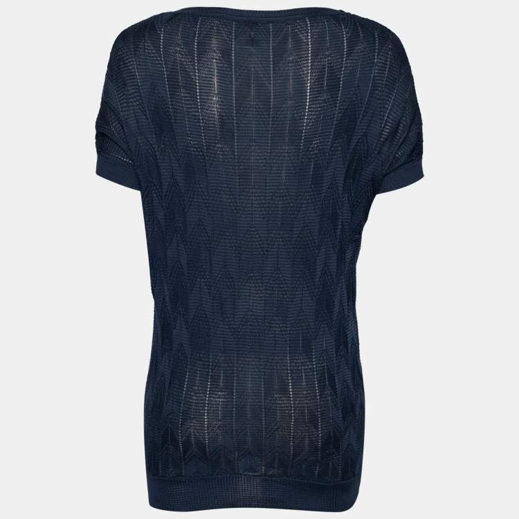 Pre Owned M Missoni Blue Textured Knit Cap Sleeve Crew Neck Top M