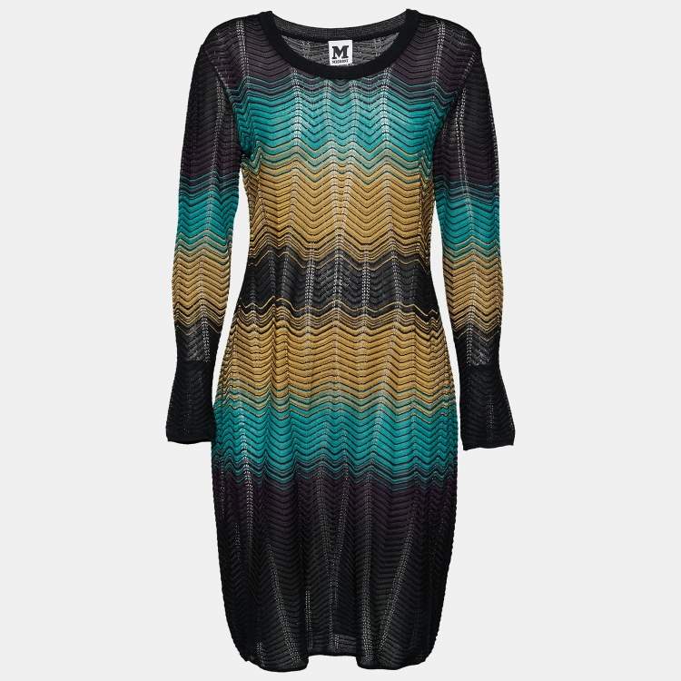 Pre Owned M Missoni Multicolored Wave Textured Knit Long Sleeve Dress L