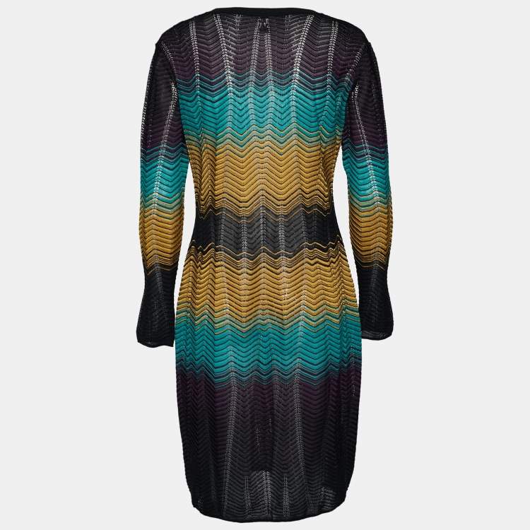 Pre Owned M Missoni Multicolored Wave Textured Knit Long Sleeve Dress L