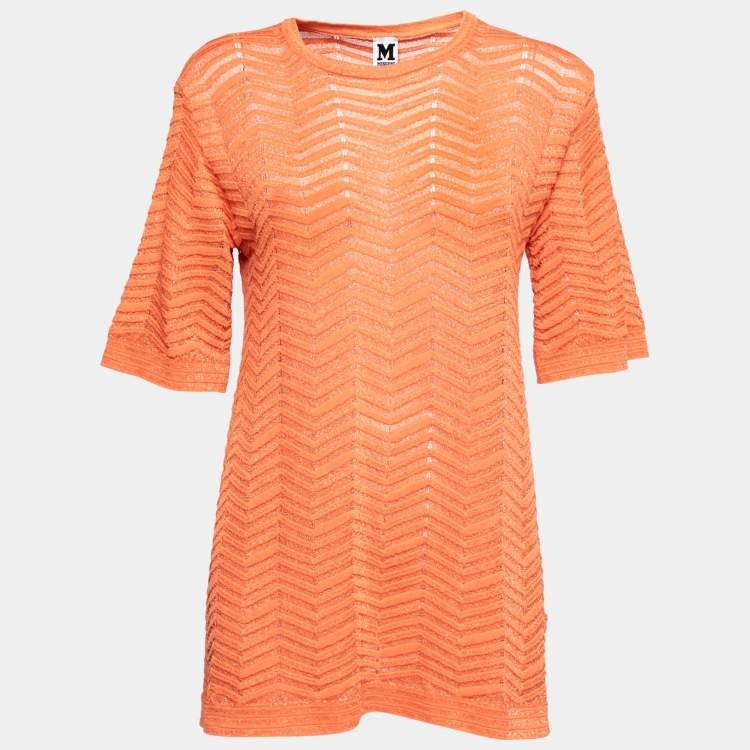 مملوكة مسبقًا M Missoni Orange Patterned Lurex Knit Round Neck Top L