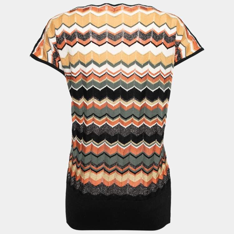 Pre Owned M Missoni Multicolor Patterned Lurex Knit Short Sleeve Top L