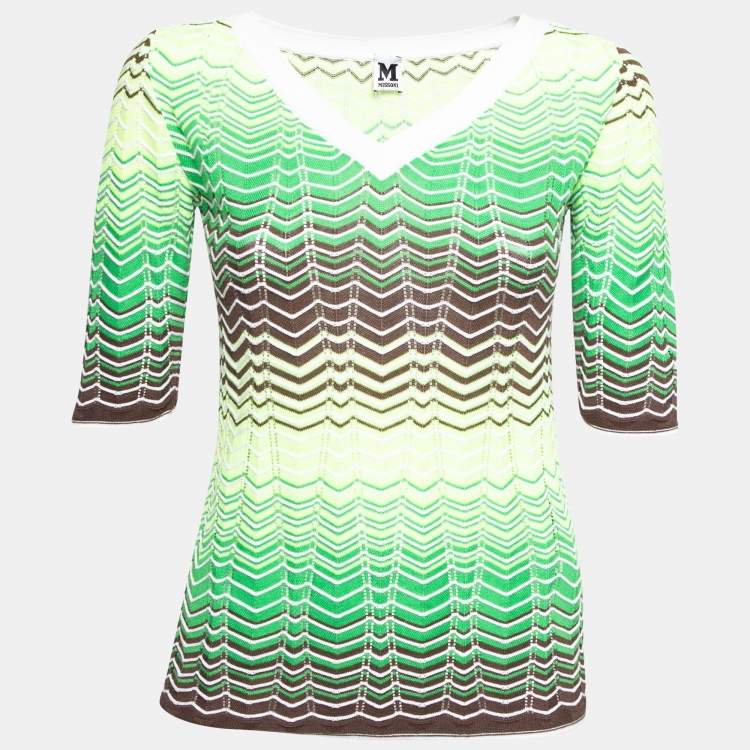 Pre Owned M Missoni Neon Green & Brown Patterned Pointelle Knit V-Neck Top M