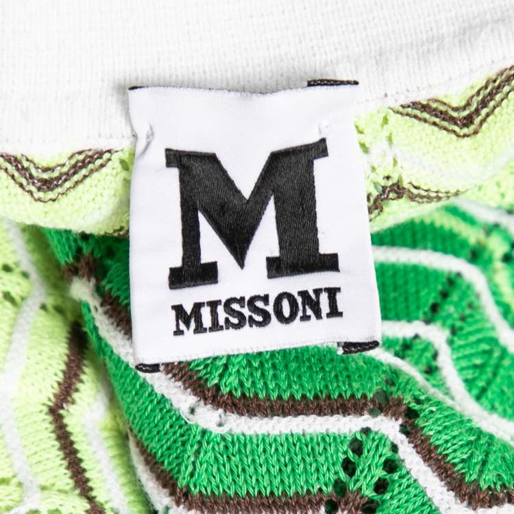 Pre Owned M Missoni Neon Green & Brown Patterned Pointelle Knit V-Neck Top M