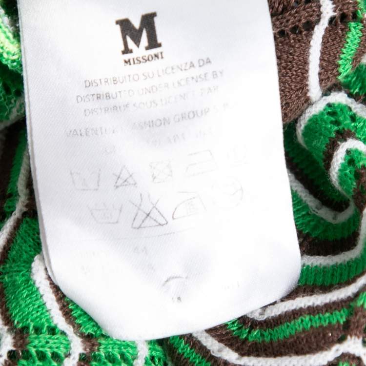 Pre Owned M Missoni Neon Green & Brown Patterned Pointelle Knit V-Neck Top M