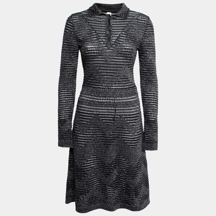 مملوكة مسبقًا M Missoni Black Lurex Patterned Pointelle Knit Long Sleeve Dress M
