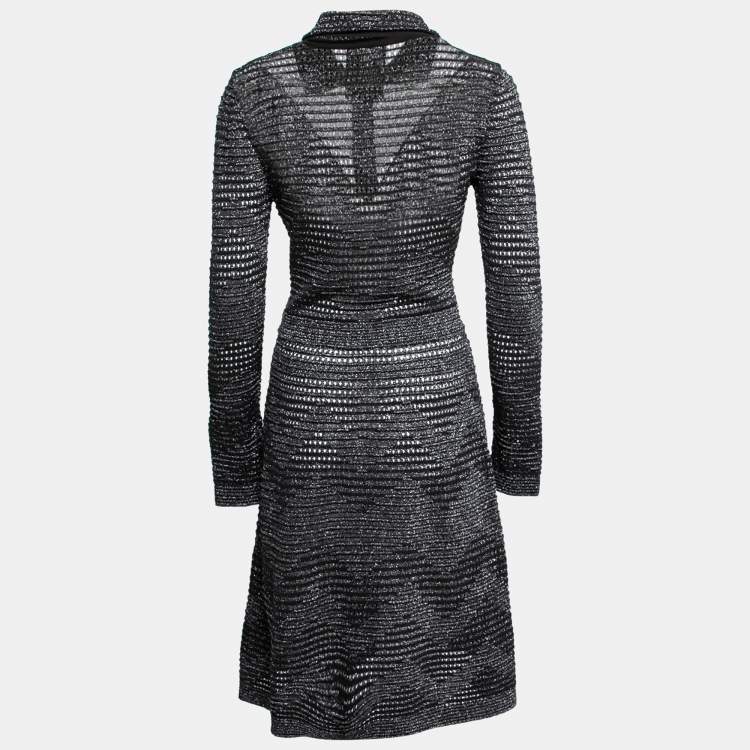 مملوكة مسبقًا M Missoni Black Lurex Patterned Pointelle Knit Long Sleeve Dress M