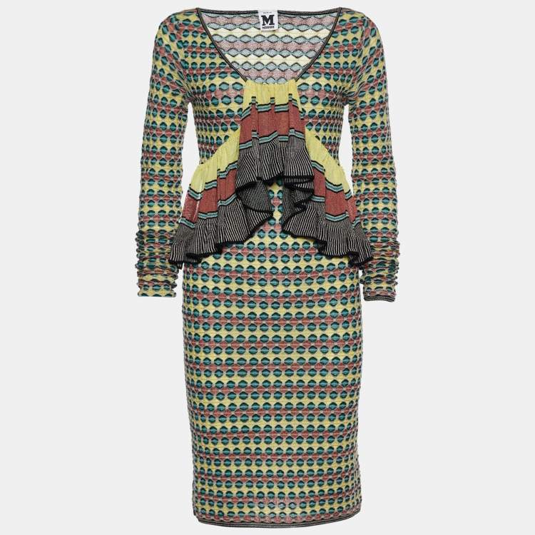 مملوكة مسبقًا M Missoni Multicolor Patterned Knit Ruffle Trimmed Dress M