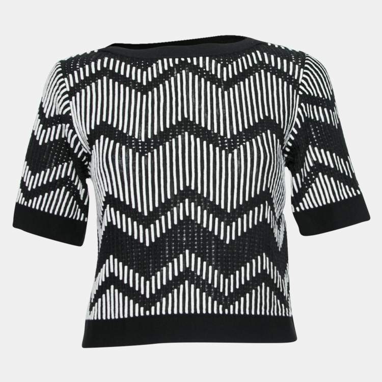 مملوكة مسبقًا M Missoni Monochrome Patterned Knit Short Sleeve Top XS