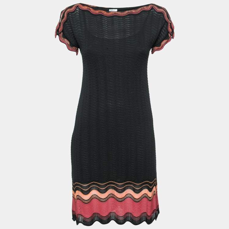 Pre Owned M Missoni Black Pattered Knit Short Sleeve Dress S