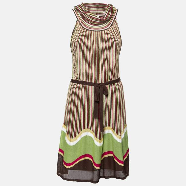 Pre Owned M Missoni Multicolor Textured Knit Turtleneck Sleeveless Belted Dress M