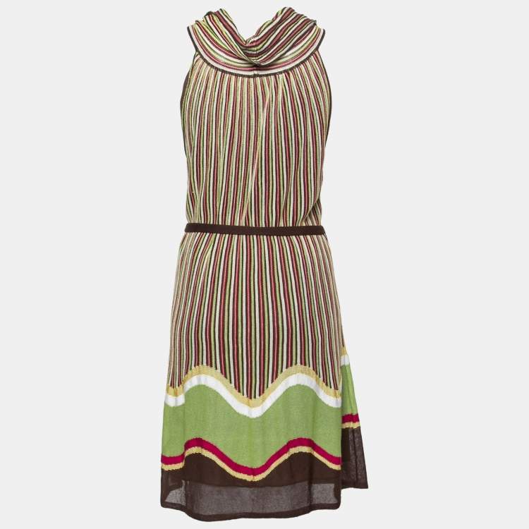 Pre Owned M Missoni Multicolor Textured Knit Turtleneck Sleeveless Belted Dress M