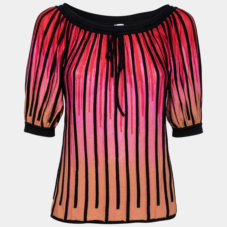 Pre Owned M Missoni Pink Striped Cotton Knit Neck Tie Detail Top S