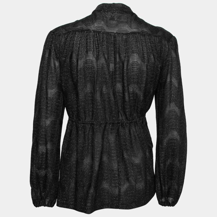 Pre Owned M Missoni Black Patterned Lurex Knit Neck Tie Detail Top S 