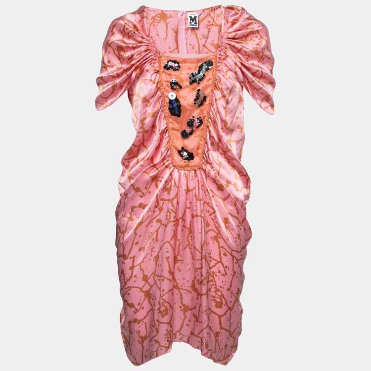 Pre Owned M Missoni Pink Printed Silk Embellished Bodice Ruched Detail Dress M