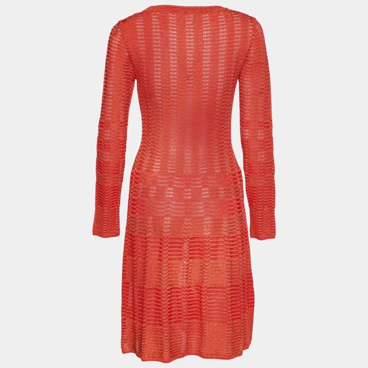 Pre Owned M Missoni Orange Textured Lurex Knit Long Sleeve A-Line Dress M
