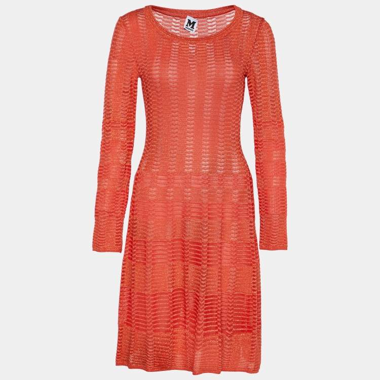 Pre Owned M Missoni Orange Textured Lurex Knit Long Sleeve A-Line Dress M