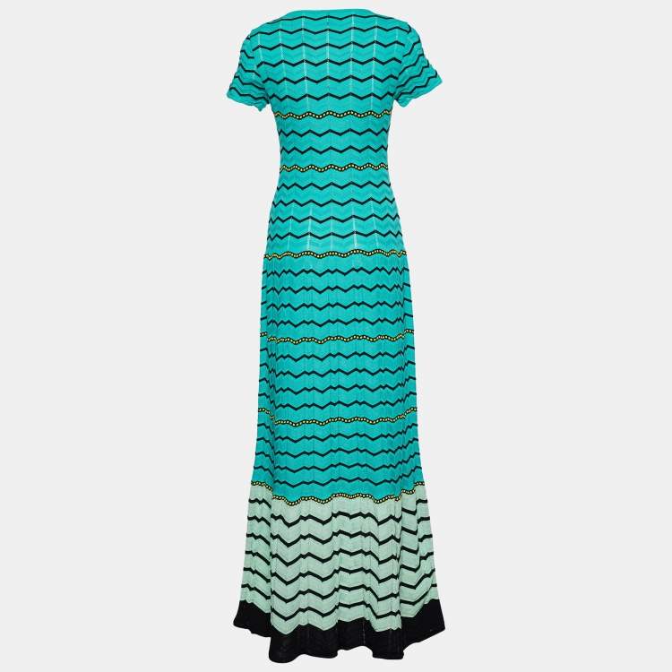 Pre Owned M Missoni Green Knit Zig Zag Pattern Maxi Dress M