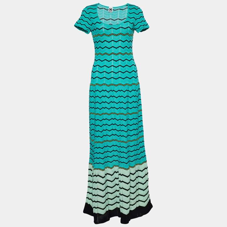 Pre Owned M Missoni Green Knit Zig Zag Pattern Maxi Dress M
