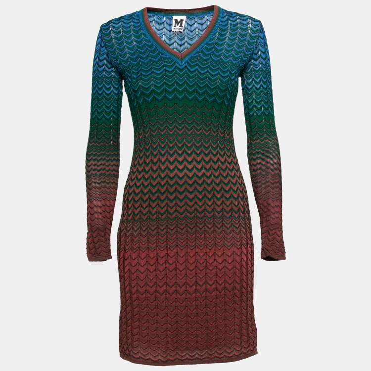 Pre Owned M Missoni Multicolor Chevron Patterned Knit V-Neck Dress S  