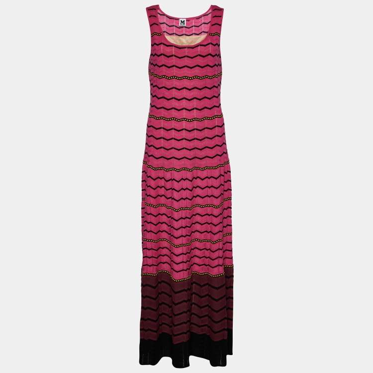 Pre Owned M Missoni Pink Zig Zag Knit Sleeveless Maxi Dress L