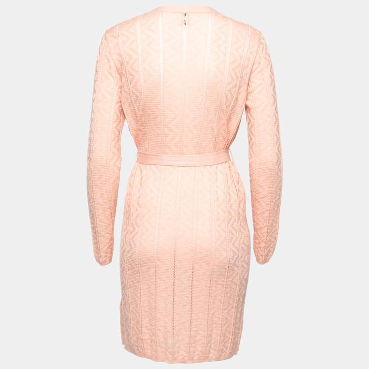 Pre Owned M Missoni Pink Patterned Knit Belted Open Shrug S