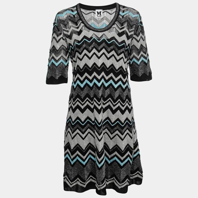 Pre Owned M Missoni Black Metallic Chevron Patterned Knit Midi Dress M