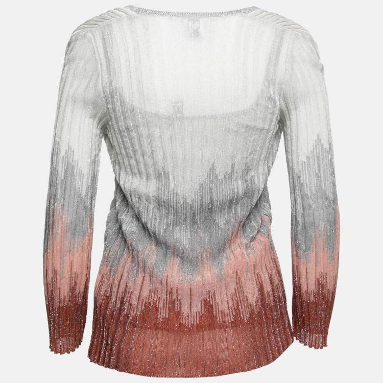 مملوكة مسبقًا M Missoni Silver Metallic Patterned Ribbed Knit Cardigan & Top Set S 