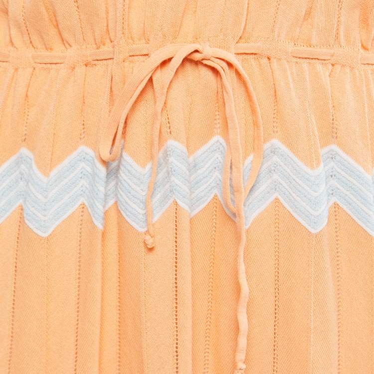Pre Owned M Missoni Collection Orange Patterned Knit V-Neck Drawstring Dress L