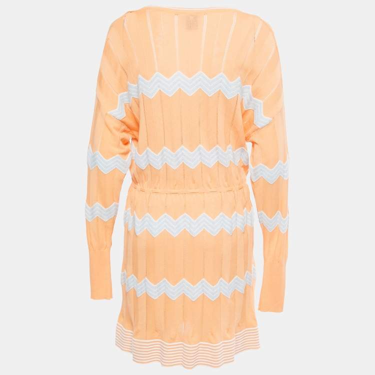 Pre Owned M Missoni Collection Orange Patterned Knit V-Neck Drawstring Dress L