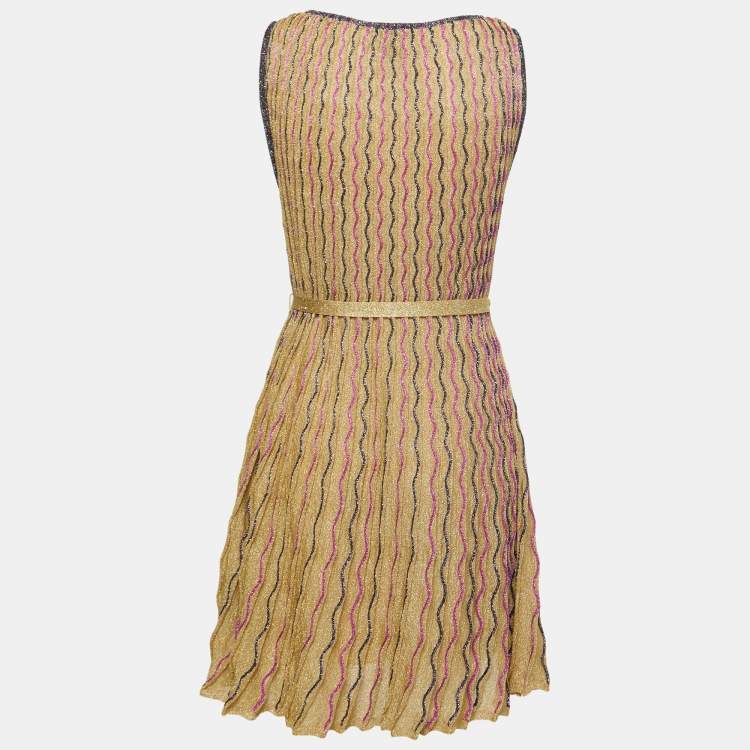 Pre Owned M Missoni Gold Patterned Lurex Knit Belted Midi Dress M