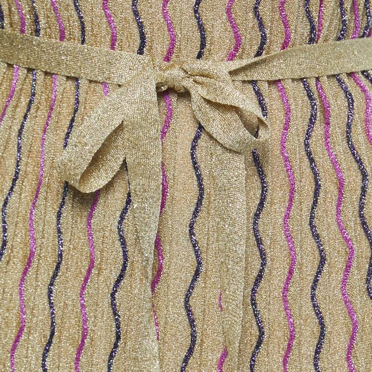 Pre Owned M Missoni Gold Patterned Lurex Knit Belted Midi Dress M