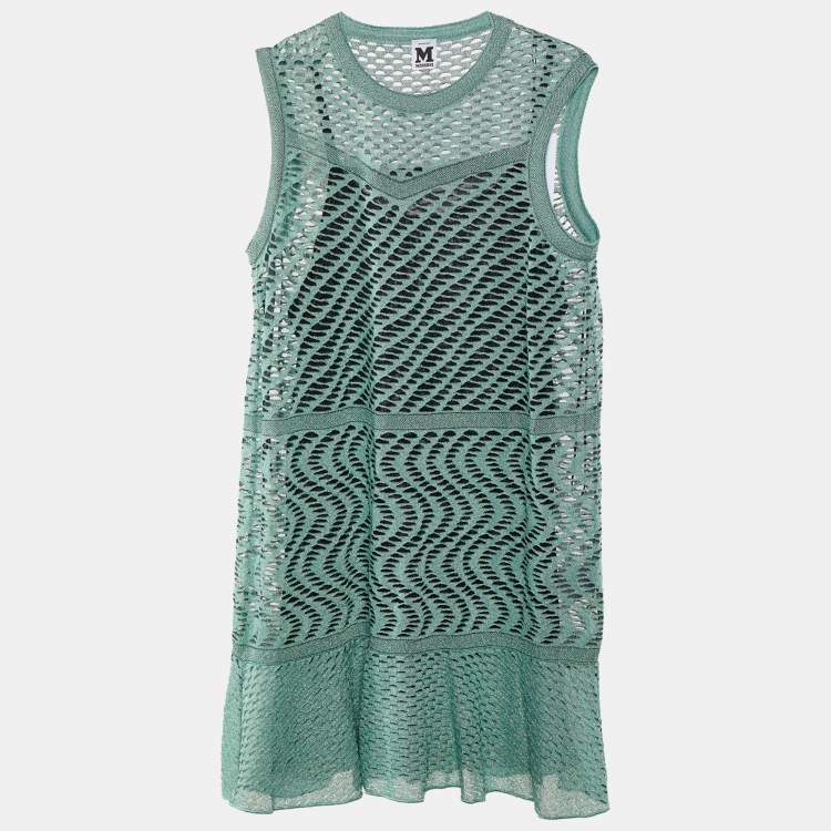 Pre Owned M Missoni Green Lurex Perforated Knit Sleeveless Mini Dress L