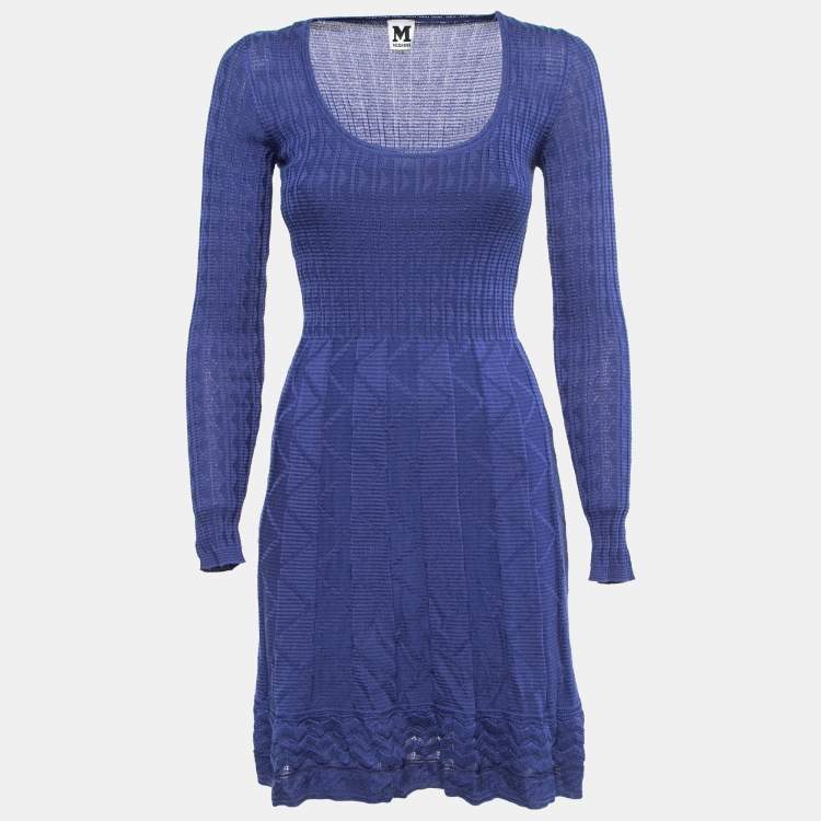 Pre Owned M Missoni Blue Patterned Knit Scoop Neck Flared Midi Dress S
