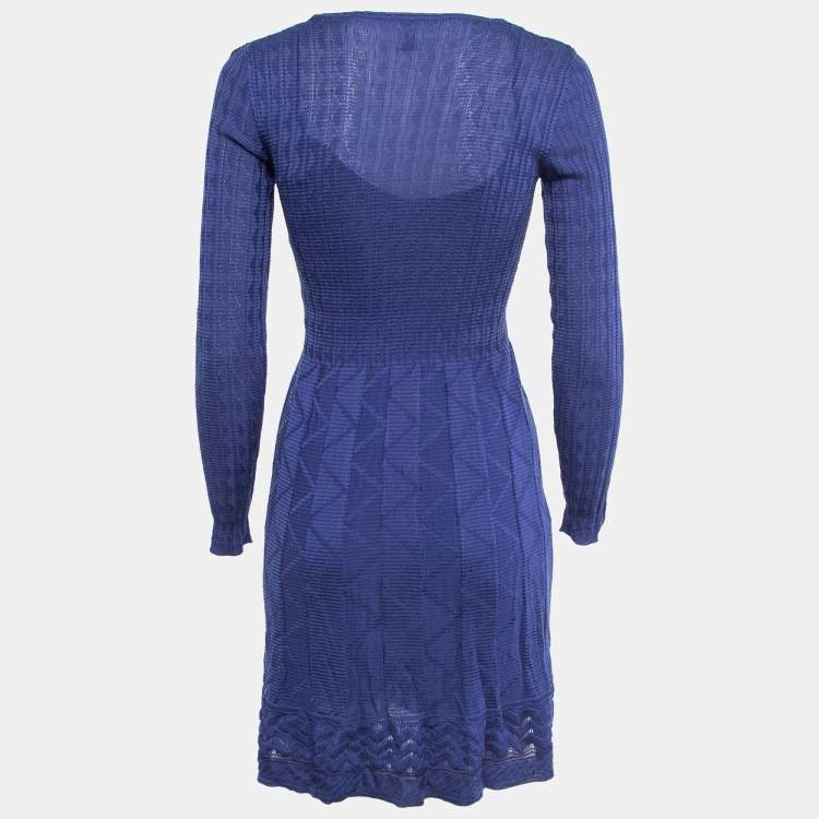 Pre Owned M Missoni Blue Patterned Knit Scoop Neck Flared Midi Dress S