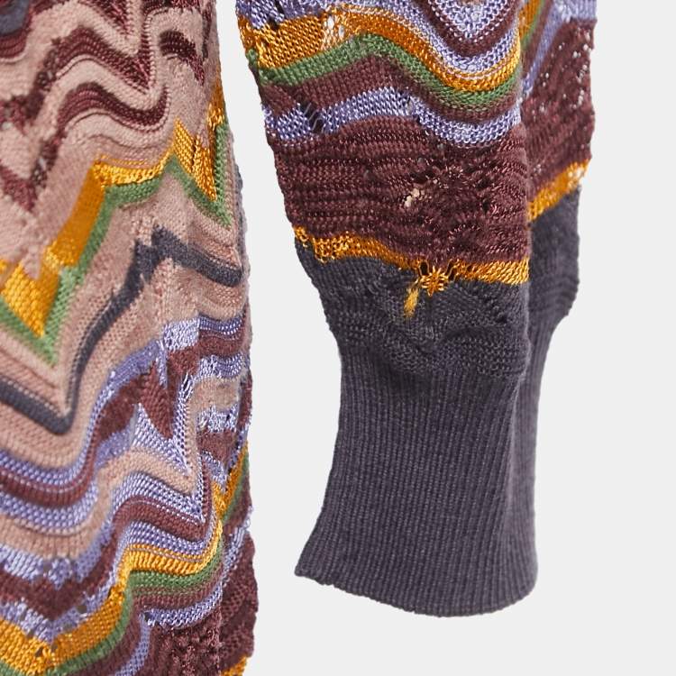 Pre Owned M Missoni Multicolor Patterned Perforated Knit Crew Neck Sweater L