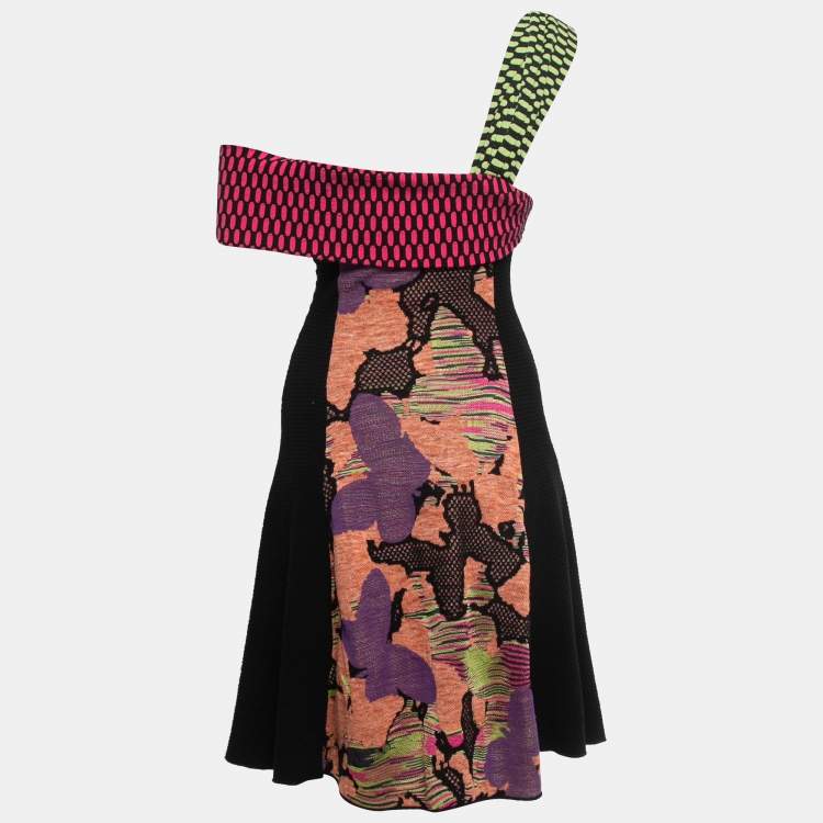 Pre Owned M Missoni Multicolor Patterned Stretch Knit Paneled One Shoulder Flared Short Dress M