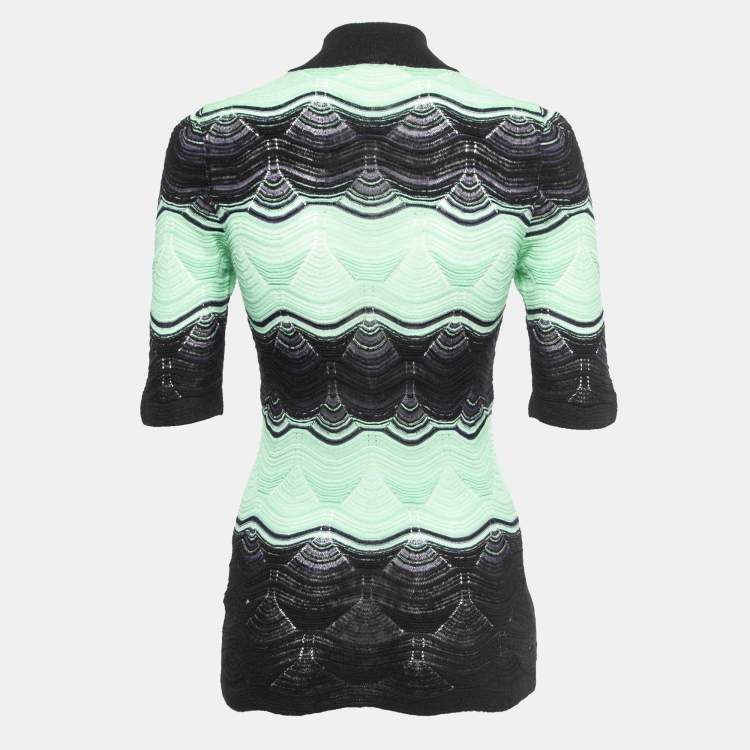 Pre Owned M Missoni Green/Black Patterned Knit Mock Neck Top M