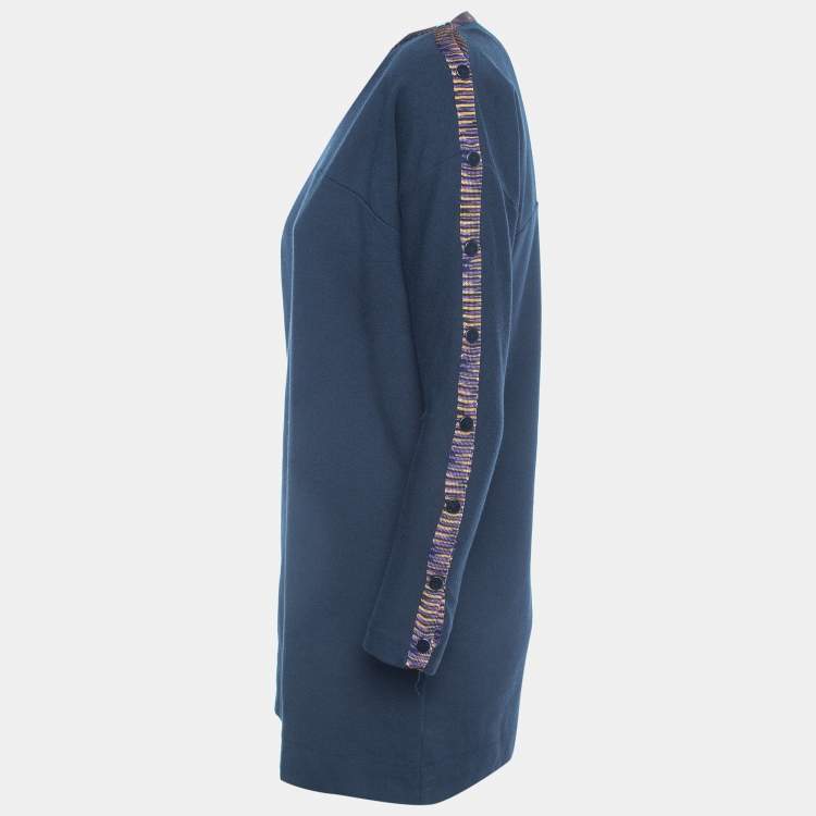Pre Owned M Missoni Navy Blue Cotton Blend Knit Buttoned Sleeve Detail T-Shirt S