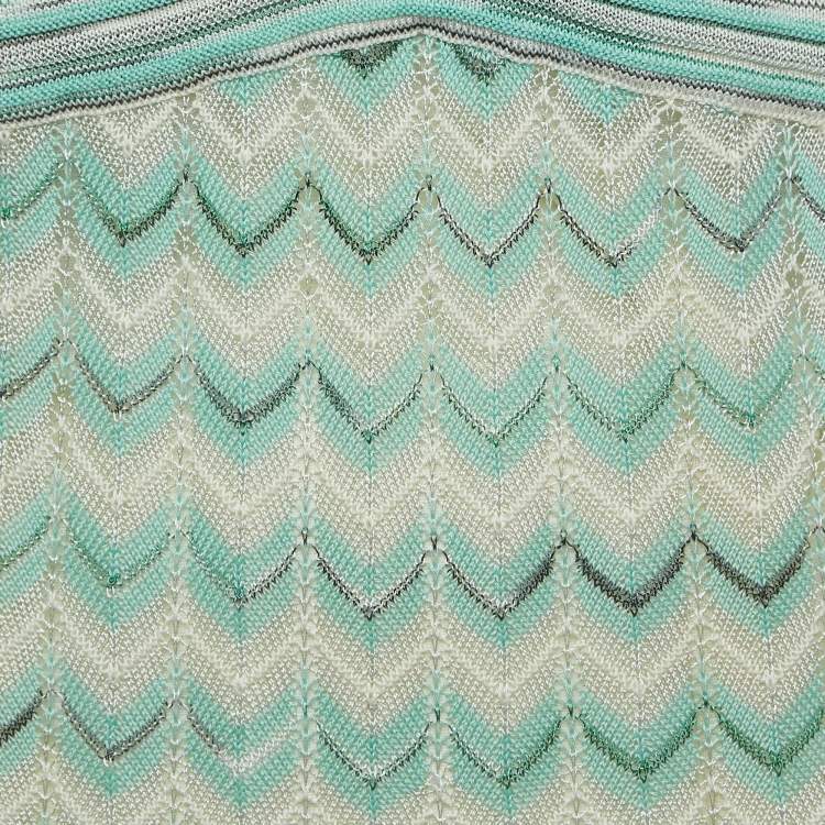 Pre Owned M Missoni Green Chevron Pattern Knit Tie-Up Neck Midi Dress L
