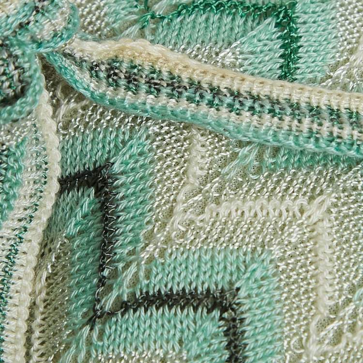 Pre Owned M Missoni Green Chevron Pattern Knit Tie-Up Neck Midi Dress L