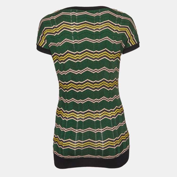 Pre Owned M Missoni Green Chevron Knit Short Sleeve Top S