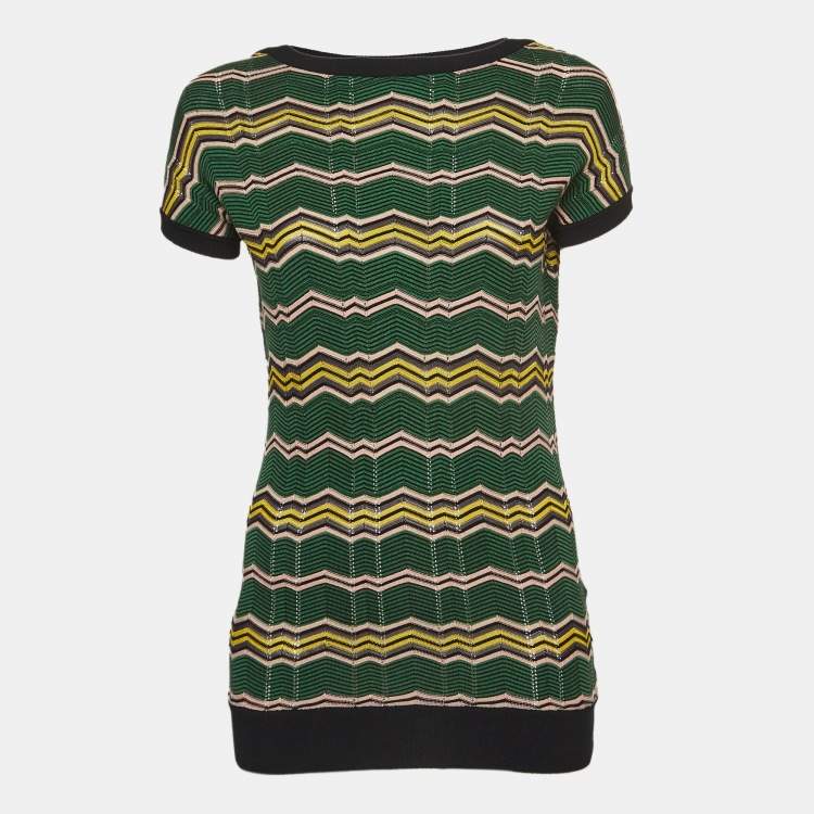 Pre Owned M Missoni Green Chevron Knit Short Sleeve Top S