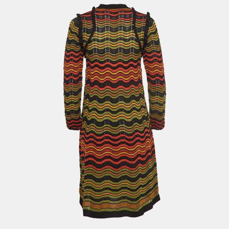 Pre Owned M Missoni Multicolor Chevron Perforated Knit Ruffle Detail Midi Dress S