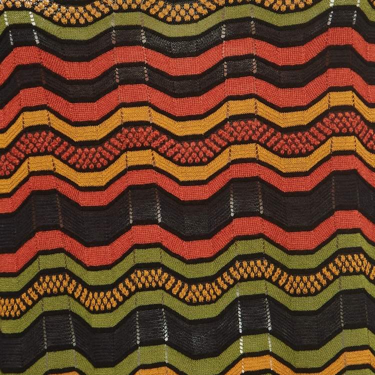 Pre Owned M Missoni Multicolor Chevron Perforated Knit Ruffle Detail Midi Dress S